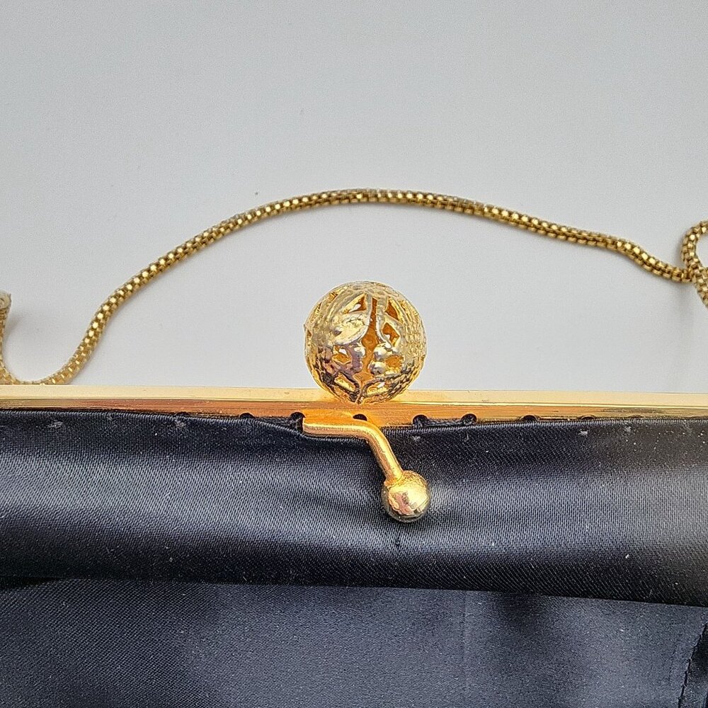 VTG Black & Gold Hand-Beaded Evening Bag Ornate Design & Chain Strap By Walborg - Picture 14 of 16